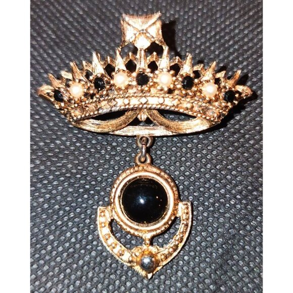 Vintage Gold Crown Brooch With Black Rhinestones - Picture 1 of 7